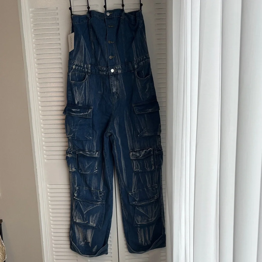 Loragal Denim Cargo Jumpsuit Strapless Wide Leg Y2K Utility NWT - Picture 2 of 16